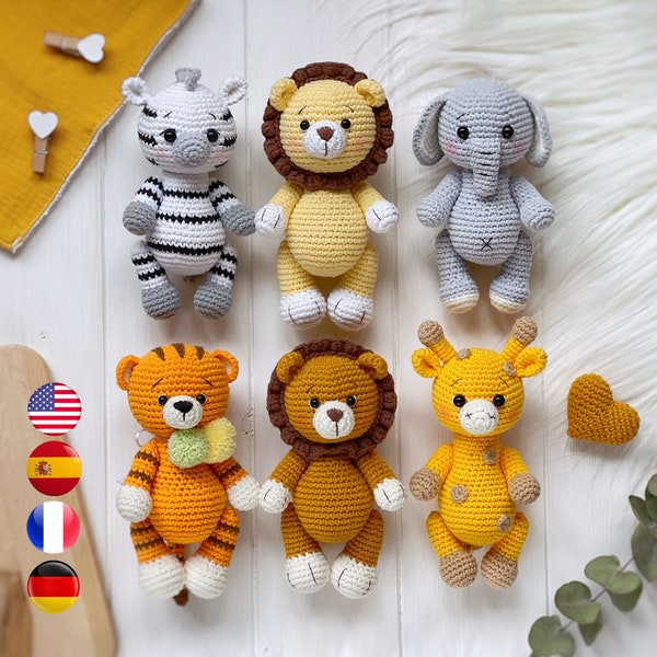 Amigurumi SUPER PACK 5 w 1 na szydełku WZORY: tygrys, zebra, słoń, żyrafa, lew. Łatwy wzór zwierząt safari pdf. Amigurumi i grzechotki