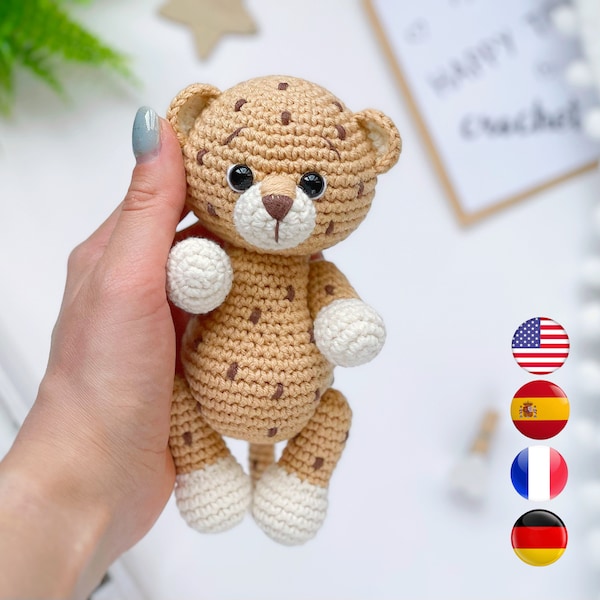 Wzór szydełkowy Amigurumi lampart PDF, wzór zwierząt Safari amigurumi, łatwy poradnik zabawek na szydełku, szydełkowy lampart, amigurumi i grzechotki