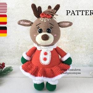 Christmas crochet pattern deer REINDEER GIRL toy pdf. Christmas crocheted stuffed reindeer. hkelanleitung deutsch. Amigurumi toy pattern .