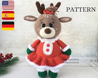 Christmas crochet pattern deer REINDEER GIRL toy pdf. Christmas crocheted stuffed reindeer. hkelanleitung deutsch. Amigurumi toy pattern .