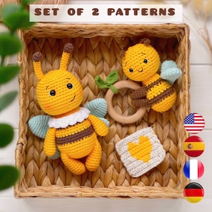 May include: Set of 2 crochet bee patterns. The patterns include a bee with wings and a bee rattle. The bee rattle is holding a wooden ring. The patterns are in a wicker basket.