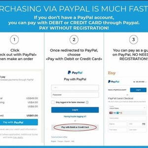 May include: A screenshot of a website showing how to pay with PayPal or a credit card. The text on the screen says "Purchasing via PayPal is much faster!" and "Pay without registration!"