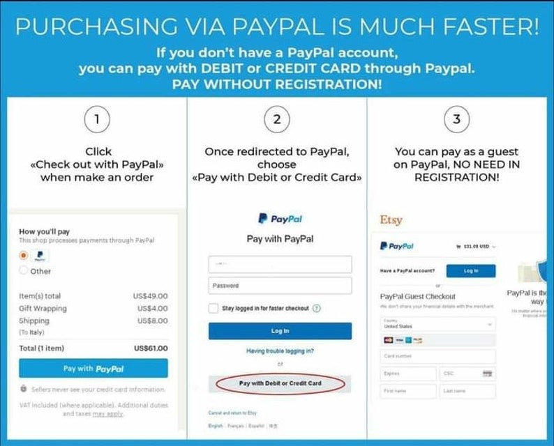 May include: A screenshot of a website showing how to pay with PayPal or a credit card. The text on the screen says "Purchasing via PayPal is much faster!" and "Pay without registration!"
