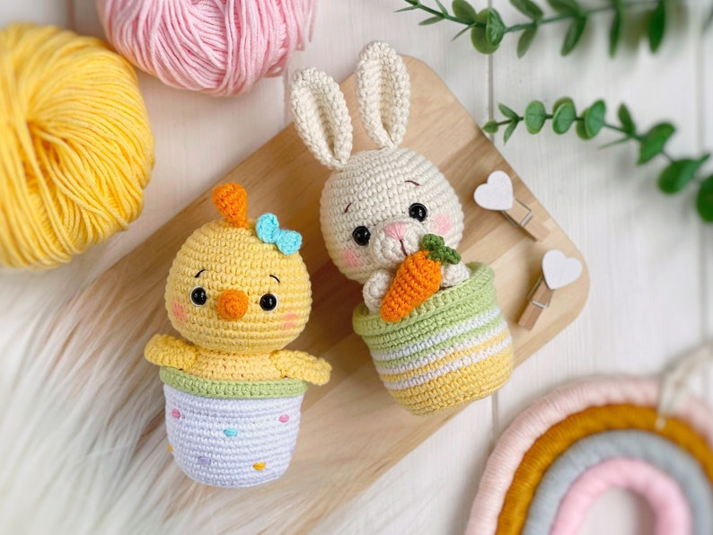 Crochet PATTERN SET Amigurumi Easter animals in pots: bunny, sheep, chick. Easter decoration PDF easy crochet pattern, Amigurumi and rattles image 4