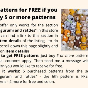 May include: A collection of colorful crocheted amigurumi toys, including animals and characters. The text reads "1 pattern for FREE if you buy 5 or more patterns". This offer applies to the "Amigurumi and rattles" section of the store.