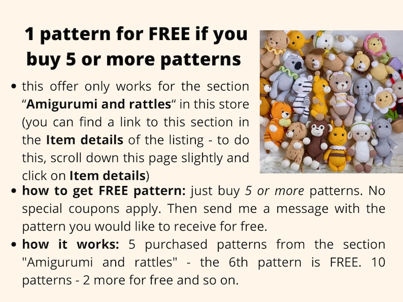 May include: A collection of colorful crocheted amigurumi toys, including animals and characters. The text reads "1 pattern for FREE if you buy 5 or more patterns". This offer applies to the "Amigurumi and rattles" section of the store.