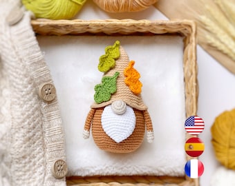 Fall garden gnome crochet pattern PDF, Fall / autumn amigurumi pattern, Crochet gnome with leaves, Crochet fall decor, Amigurumi and rattles