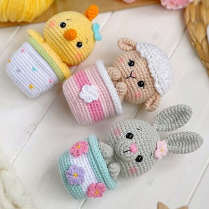 Crochet PATTERN SET Amigurumi Easter animals in pots: bunny, sheep, chick. Easter decoration PDF easy crochet pattern, Amigurumi and rattles image 5