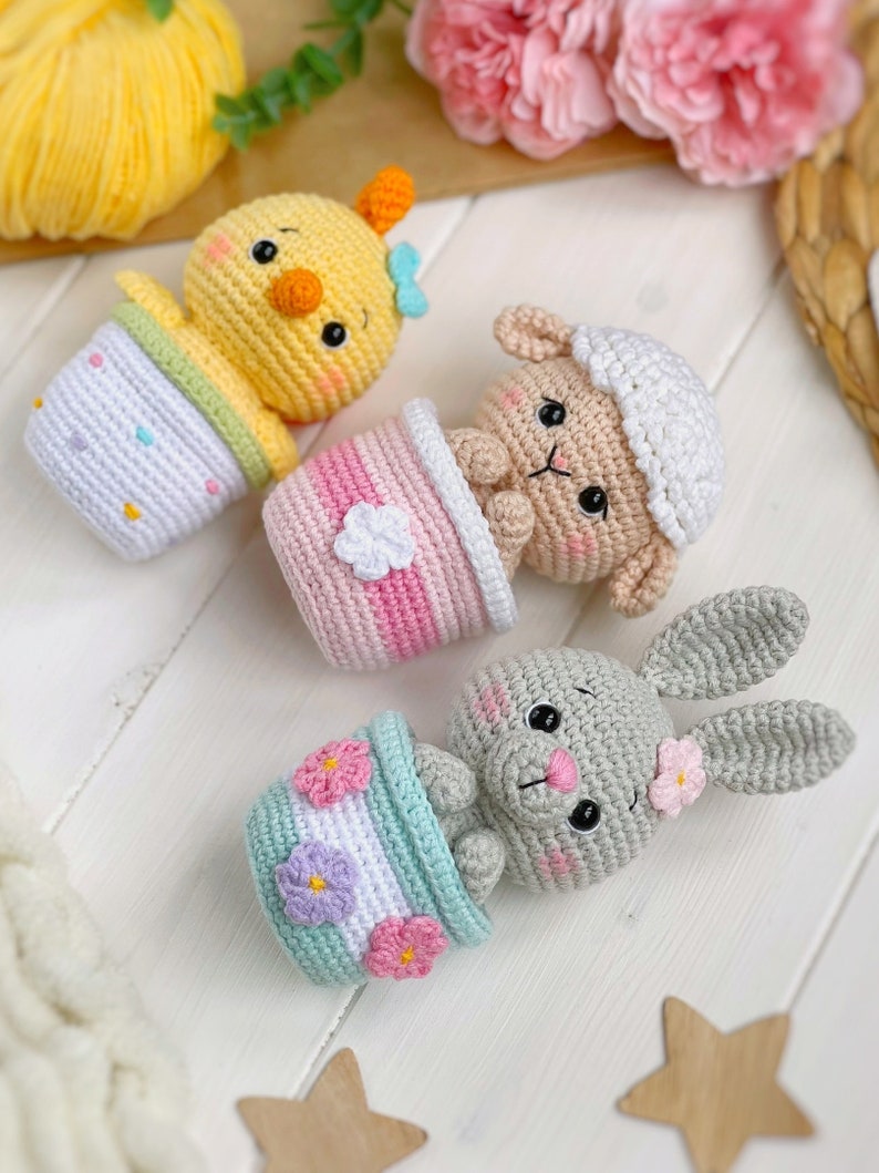 Crochet PATTERN SET Amigurumi Easter animals in pots: bunny, sheep, chick. Easter decoration PDF easy crochet pattern, Amigurumi and rattles image 5