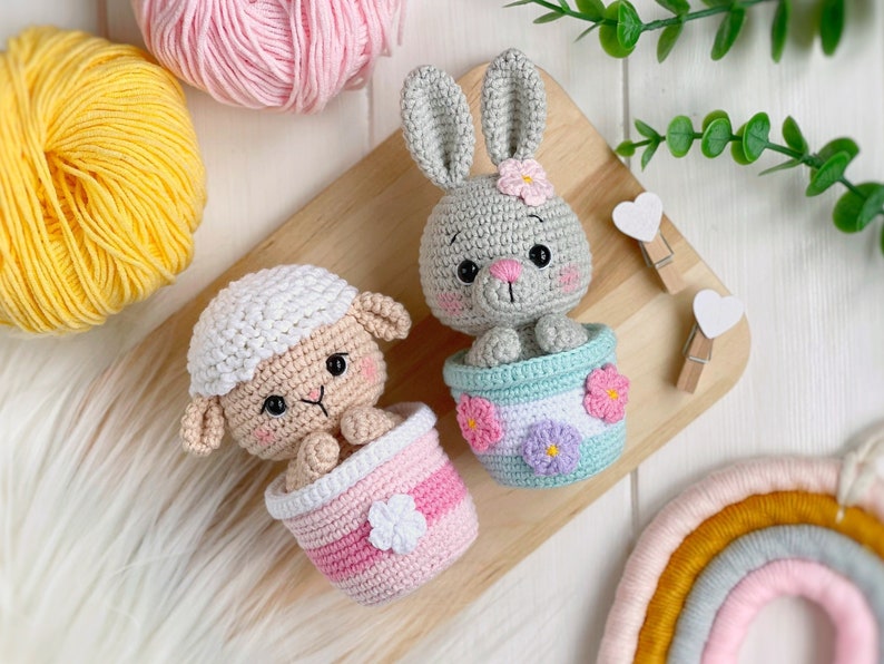 Crochet PATTERN SET Amigurumi Easter animals in pots: bunny, sheep, chick. Easter decoration PDF easy crochet pattern, Amigurumi and rattles image 7