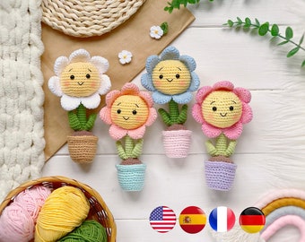 Crochet pattern amigurumi flower in pot, Crochet plant PDF, Amigurumi sunflower or daisy easy crochet pattern, Amigurumi and rattles