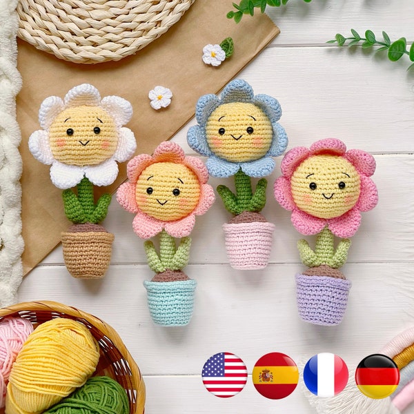 Szydełkowy kwiat amigurumi w doniczce, szydełkowa roślina PDF, amigurumi słonecznik lub stokrotka łatwy wzór na szydełku, amigurumi i grzechotki