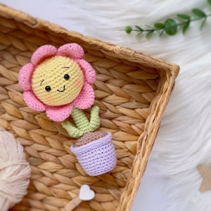 May include: A crocheted flower with a smiling face, pink petals, yellow center, and green leaves. The flower is in a purple pot.