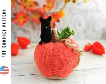 Crochet Halloween toy pattern, amigurumi  cute pumpkin with mini black cat, Toys crochet patterns