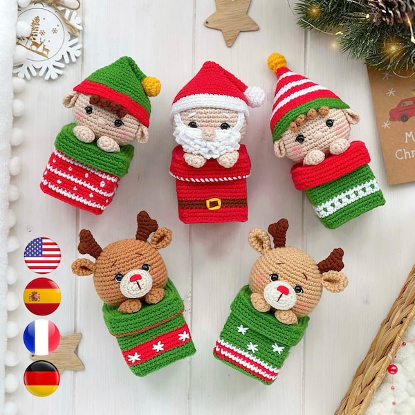 MOTIF AU CROCHET Coffrets cadeaux de décoration de Noël : Père Noël, elfe, renne. Modèle de décoration de Noël amigurumi PDF, amigurumi et hochet