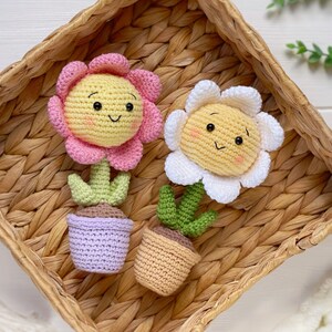 May include: Two crocheted flower pot decorations. One flower is pink with a yellow center and the other is white with a yellow center. Both flowers have smiling faces and are in small pots.