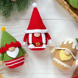 Christmas gnomes: Santa, Santa’s helper, Gingerbread man CROCHET PATTERN PDF 3 in 1, Winter holiday amigurumi gnome, Amigurumi and rattles