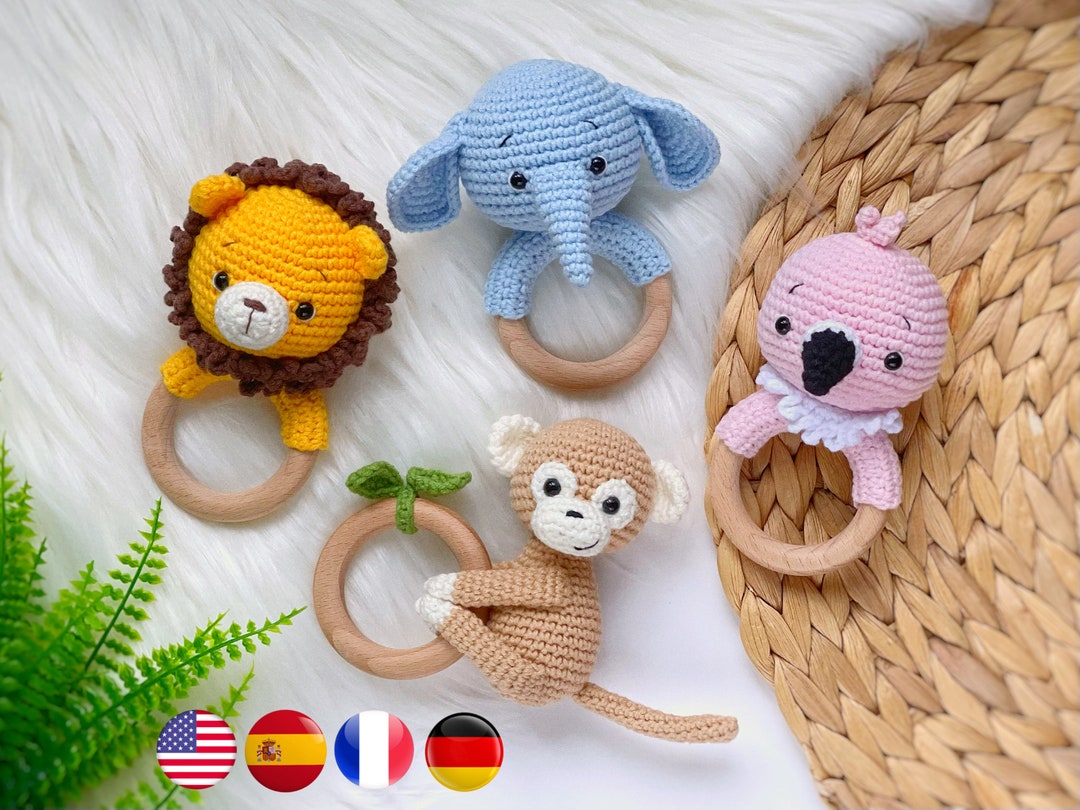 SET of 4 Crochet PATTERN Baby Rattles – Safari Animals Lion, Elephant ...