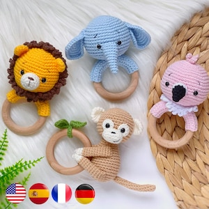 SET of 4 crochet PATTERN baby rattles – safari animals lion, elephant, flamingo, monkey. Crochet rattle PDF pattern, Amigurumi and rattles
