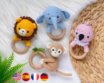 SET of 4 crochet PATTERN baby rattles – safari animals lion, elephant, flamingo, monkey. Crochet rattle PDF pattern, Amigurumi and rattles