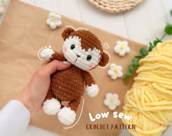 CROCHET PATTERN monkey, Amigurumi low sew plushies crochet pattern PDF, Crochet safari animals tutorial for beginners, Amigurumi and rattle