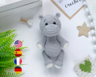 Amigurumi hippo PDF crochet pattern, Safari amigurumi animal pattern, Easy crochet toy tutorial,  for beginners, Amigurumi and rattles