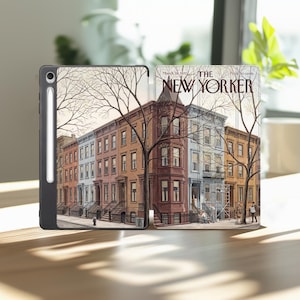 May include: A black tablet case featuring a March 28, 1970, The New Yorker magazine cover illustration of brownstone buildings and bare trees. A white stylus is attached to the side of the case. The text reads March 28, 1970, The New Yorker, Price 50 cents.