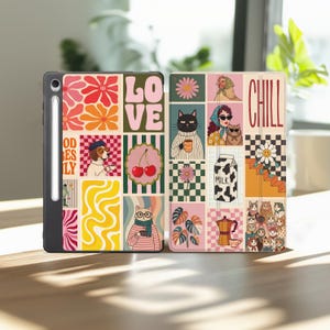 May include: A tablet case featuring a collage of colorful illustrations including flowers, a dog in a beret, cherries, a cat in glasses, a chicken, a person with a cat, a milk carton, a coffee maker, and the text LOVE and CHILL.