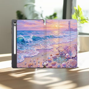 May include: A tablet case featuring an oil painting style coastal scene with a lighthouse, ocean waves, a sandy beach, seashells, and scattered pearls. The case includes a dedicated slot for a stylus pen on the left side of the device.