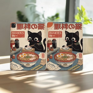 Funda divertida para iPad Air con diseño de gato y ramen (13", 11", 10.9", Pro, 10.5", 10.2", 9.7", 12.9", Mini, 2.ª generación, A17, A16, Apple Slim Cover, 2024, 2021, A3266, A2379, diseño retro.