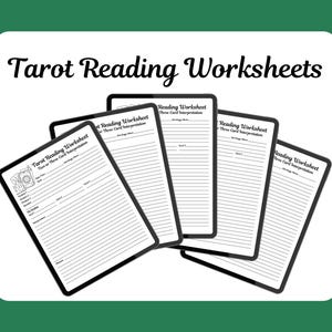 May include: Five printable tarot reading worksheets on a white background. Each worksheet is titled "Tarot Reading Worksheet" and has the words "Three Card Interpretation" printed below.