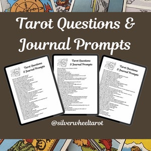 May include: Three digital tablet screens displaying a list of tarot questions and journal prompts. The text on the screens reads "Tarot Questions & Journal Prompts". The background is a collage of tarot cards.