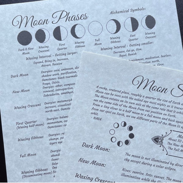 Moon Phases Grimoire Pages | Moon Correspondences | BOS Witchcraft 101 Printable | Size 8.5 x 11 .pdf