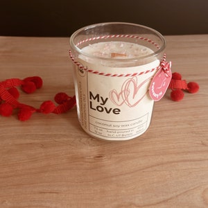 Boho Valentine&#39;s Day candle, with a wooden wick. Natural virgin coconut soy wax. 12 oz and 7.5 oz available.