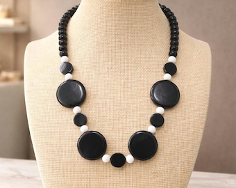 Art Deco Black and White Stretch Wooden Necklace 60s Inspired