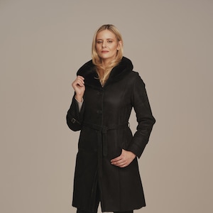 Women&#39;s Genuine Shearling Coat – Black Real Sheepskin Jacket – Warm Winter Lambskin Coat