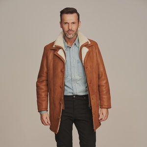 Men&#39;s Sheepskin Coat 3/4 Length – Warm Winter Shearling Jacket – Handmade Genuine Leather Coat – Gift for Him
