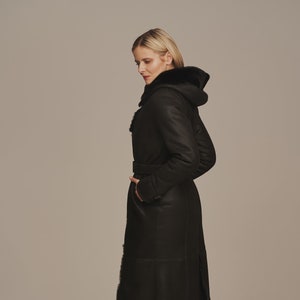 Black Sheepskin Coat Women – Long Real Shearling Jacket – Winter Warm Lambskin Overcoat – Handmade Leather Coat – European Style