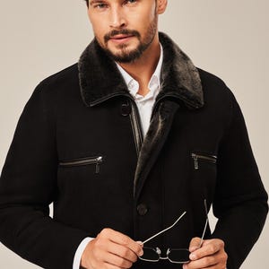 Men’s Sheepskin Coat – Black Winter Shearling Jacket – Warm Natural Wool – Handmade Leather Outerwear for Men