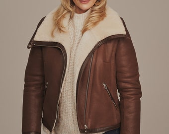 Women's sheepskin biker jacket | Aviator Jacket | Shearling Jacket | Brown natural delicate sheepskin Coat | Women's Pilot Jacket