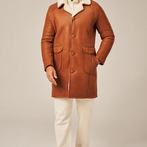 Men’s Shearling Coat – Handmade Winter Sheepskin Trench, Genuine Brown Lambskin Jacket, Gift for Him