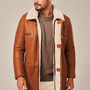 Luxury Men’s Shearling Coat – Brown Lambskin Leather Winter Jacket – Real Sheepskin – Long Warm Overcoat – Classic Gift for Him