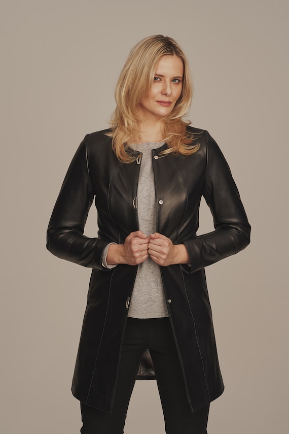 Long manteau en cuir noir pour femme Cuir d'agneau véritable
