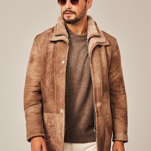 Men’s 3/4 Shearling Coat | Warm Winter Sheepskin Jacket | Long Real Leather Coat for Men | Classic Shearling Outerwear