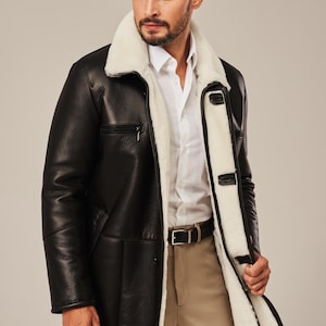 Men’s Long Sheepskin Coat – Real Shearling Winter Jacket – Warm Heavy Duty Outerwear – Handmade Gift for Him