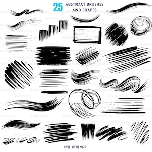 Puede incluir: Un conjunto de 25 pinceles y formas abstractas negras. Los pinceles y las formas están dibujados a mano y tienen una variedad de estilos, que incluyen líneas, espirales y puntos.