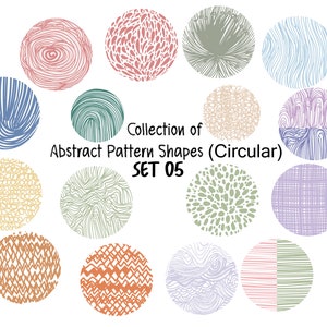 Peut inclure: Une collection de 15 formes circulaires à motifs abstraits dans différentes couleurs, notamment le rose, le bleu, le vert, le jaune et le violet. Le texte "Collection of Abstract Pattern Shapes (Circular) SET 05" est au centre de l'image.