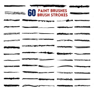 May include: Sixty black paint brush strokes on a white background. The text "60 PAINT BRUSHES BRUSH STROKES" is in red and blue.