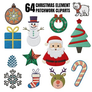 Puede incluir: 64 imágenes de clipart de patchwork de elementos navideños. Las imágenes incluyen un muñeco de nieve, Papá Noel, un árbol de Navidad, un reno, una media, un bastón de caramelo, un copo de nieve, una estrella, una corona, una caja de regalo, una piña y un oso polar.