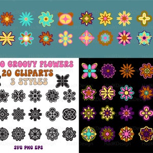 Retro groovy flowers bundle, floral element shape png, decorative elements for use in design.